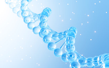 Floating molecules and DNA in the blue background, biology and cosmetic medicine concept, 3d rendering. Digital drawing.の写真素材