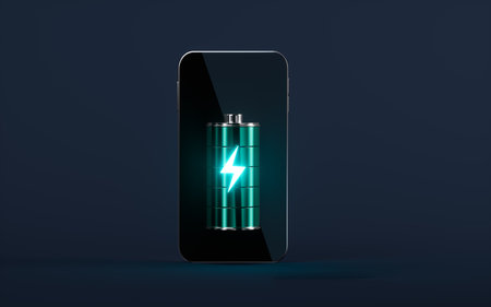 Mobile phone and battery, mobile phone charging, 3d rendering. Digital drawing.の写真素材
