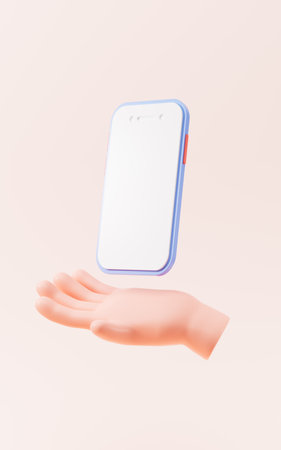 Cartoon hand and mobile phone, 3d rendering. Digital drawing.の写真素材