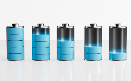 Various level energy alkaline batteries, 3d rendering. Digital drawing.の写真素材