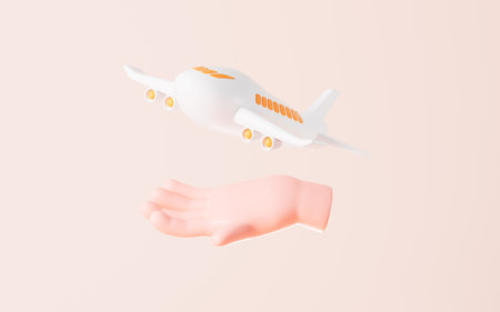Cartoon hand and airplane, 3d rendering. Digital drawing.の写真素材