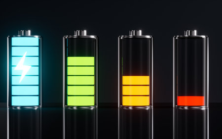 Various level energy alkaline batteries, 3d rendering. Digital drawing.の写真素材