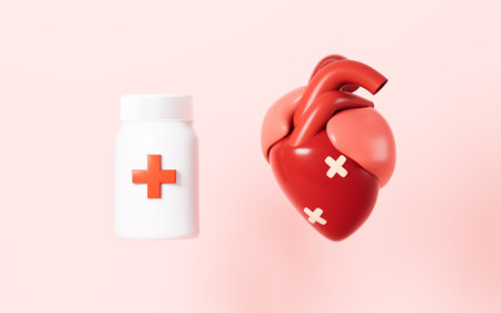 Medication for the injured heart, heart health, heart treatment, 3d rendering. Digital drawing.の写真素材