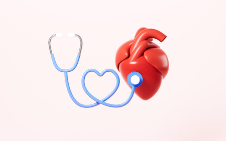 Cartoon stethoscope and the heart, 3d rendering. Digital drawing.の写真素材