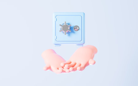 Cartoon hand and safe box, 3d rendering. Digital drawing.の写真素材