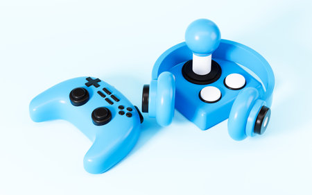 Cartoon gamepad in the blue background, 3d rendering. Digital drawing.の写真素材