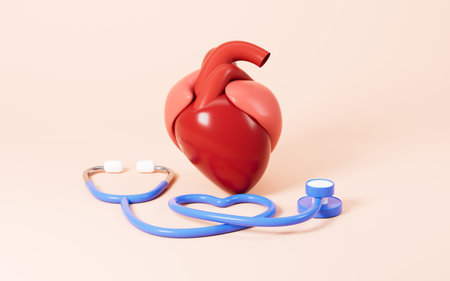 Cartoon stethoscope and the heart, 3d rendering. Digital drawing.の写真素材
