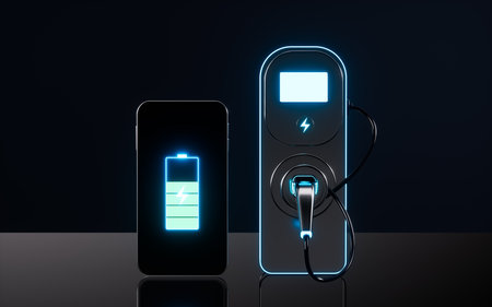 Mobile phone with green charging mark and charging pile, 3d rendering. Digital drawing.の写真素材