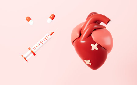 Injection syringe and injured heart, heart health, heart treatment, 3d rendering. Digital drawing.の写真素材