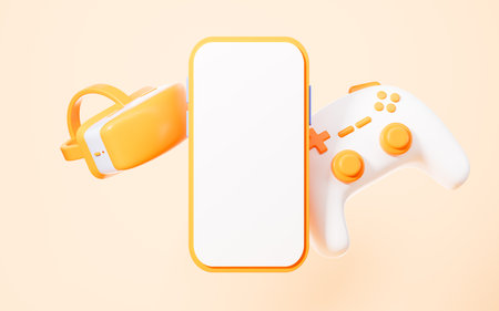 Gamepad and VR glasses virtual reality headset, mobile phone in the yellow background, 3d rendering. Digital drawing.の写真素材