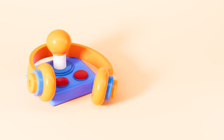 Cartoon game control stick and headset in the yellow background, 3d rendering. Digital drawing.の写真素材