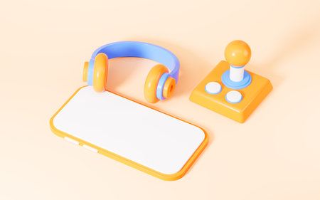 Cartoon game control stick and headset in the yellow background, 3d rendering. Digital drawing.の写真素材