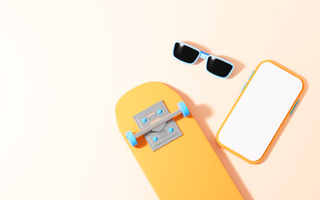 Skateboarding and sunglasses in the yellow background, 3d rendering. Digital drawing.の写真素材