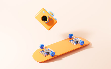 Skateboarding and camera in the yellow background, 3d rendering. Digital drawing.の写真素材