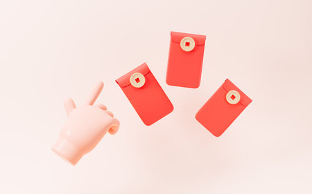 Cartoon hand and red envelopes, 3d rendering. Digital drawing.の写真素材