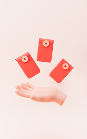 Cartoon hand and red envelopes, 3d rendering. Digital drawing.の写真素材
