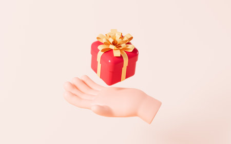 Cartoon hand and red presents, 3d rendering. Digital drawing.の写真素材