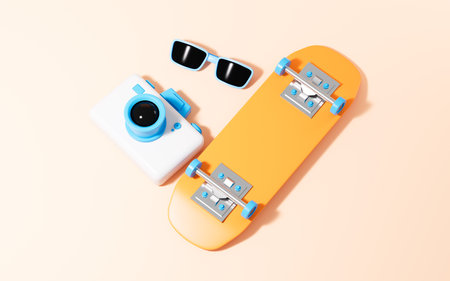 Skateboarding and sunglasses in the yellow background, 3d rendering. Digital drawing.の写真素材