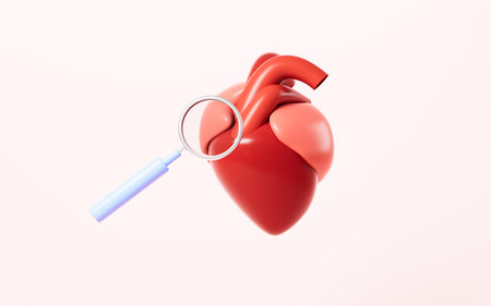 Studying cardiac with Magnifying Glass, 3d rendering. Digital drawing.の写真素材