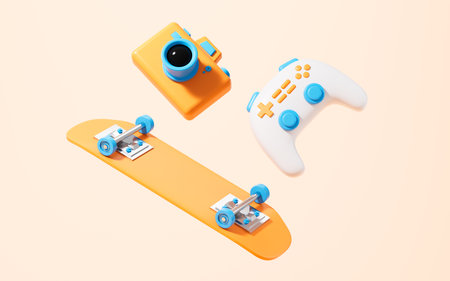 Skateboarding and gamepad in the yellow background, 3d rendering. Digital drawing.の写真素材