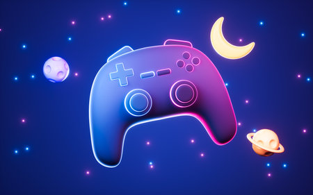 Gamepad and planets with star background, 3d rendering. Digital drawing.の写真素材