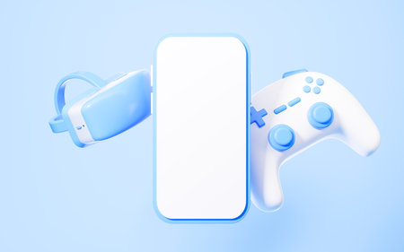 Gamepad and VR glasses virtual reality headset, mobile phone in the blue background, 3d rendering. Digital drawing.の写真素材