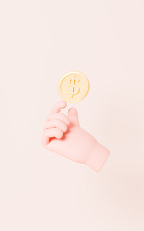 Cartoon hand and coins, 3d rendering. Digital drawing.の写真素材