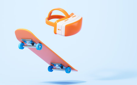 Skateboarding and VR glasses virtual reality headset, 3d rendering. Digital drawing.の写真素材