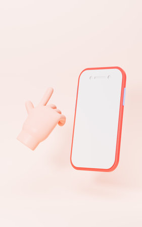 Cartoon hand and mobile phone, 3d rendering. Digital drawing.の写真素材