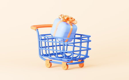 Blue gift box and shopping cart in the red background, 3d rendering. Digital drawing.の写真素材