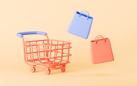 Shopping cart and shopping bags in the yellow background, 3d rendering. Digital drawing.の写真素材