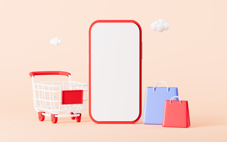Empty shopping cart and mobile phone on the yellow background, shopping online concept, 3d rendering. Digital drawing.の写真素材