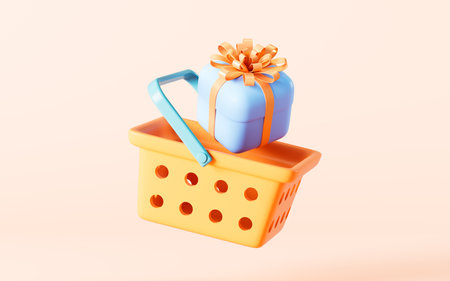 The gift in the shopping basket in the pink background, 3d rendering. Digital drawing.の写真素材