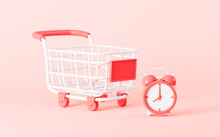 Empty cart and alarm clock in the pink background, 3d rendering. Digital drawing.の写真素材