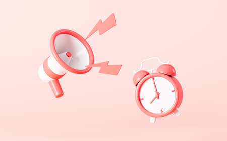 Cartoon loudspeaker and clock in the pink background, 3d rendering. Digital drawing.の写真素材
