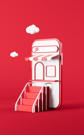 Shopping bags with mobile phone on the red background, shopping online, 3d rendering. Digital drawing.の写真素材