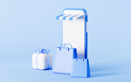 Shopping bags and gift with mobile phone on the blue background, 3d rendering. Digital drawing.の写真素材