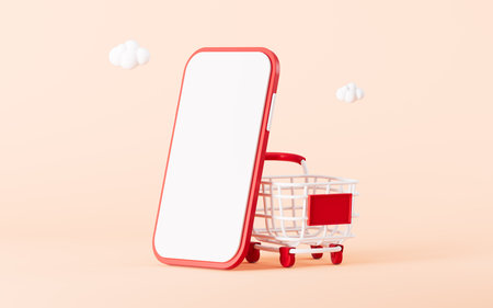 Empty shopping cart and mobile phone on the yellow background, shopping online concept, 3d rendering. Digital drawing.の写真素材