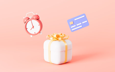 Alarm clock and bank card on the gift, limited time promotion concept, 3d rendering. Digital drawing.の写真素材