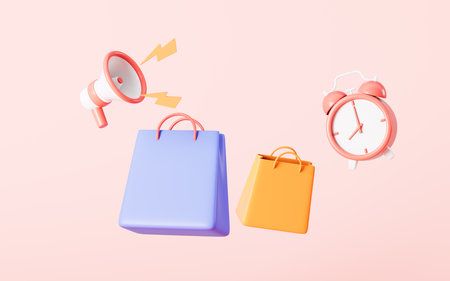 Shopping bags and clock, limited time promotion concept, 3d rendering. Digital drawing.の写真素材