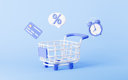 Empty shopping cart and alarm time ,bank card in the blue background, 3d rendering. Digital drawing.の写真素材
