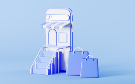 Shopping bags with mobile phone on the blue background, shopping online, 3d rendering. Digital drawing.の写真素材