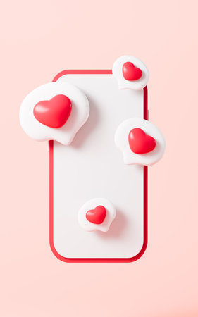 Photo frame with heart and love fly out from mobile phone, social icon with heart and love, 3d rendering. Digital drawing.の写真素材
