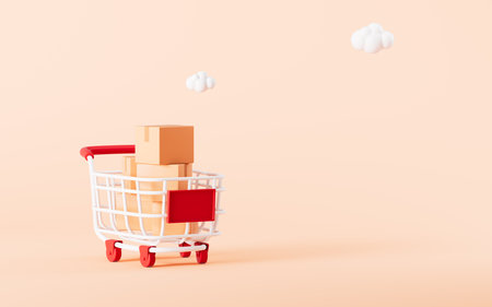 A shopping cart full of boxes in the yellow background, 3d rendering. Digital drawing.の写真素材