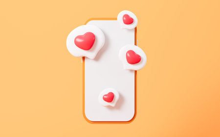 Photo frame with heart and love fly out from mobile phone, social icon with heart and love, 3d rendering. Digital drawing.の写真素材