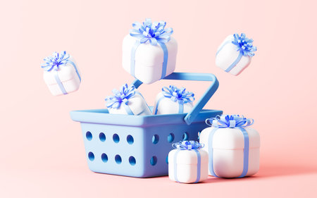 Full of gifts in the shopping basket, 3d rendering. Digital drawing.の写真素材