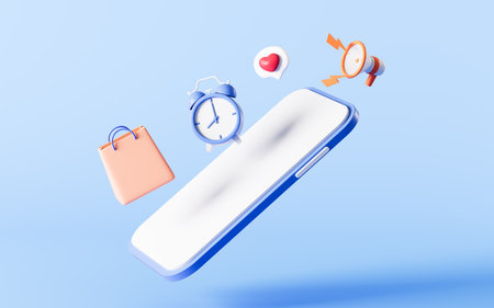 Alarm clock and shopping bag with mobile phone on the blue background, 3d rendering. Digital drawing.の写真素材