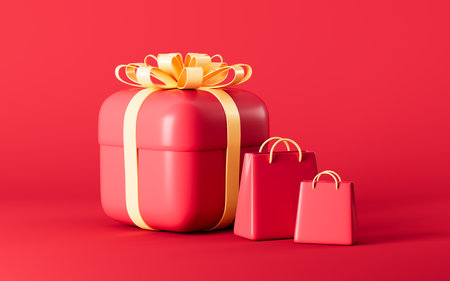 Shopping bags and gift in the red background, 3d rendering. Digital drawing.の写真素材