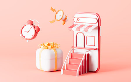 Alarm clock and gifts with mobile phone on the pink background, 3d rendering. Digital drawing.の写真素材