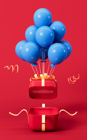 Red opening gift and blue balloons on the red background, 3d rendering. Digital drawing.の写真素材